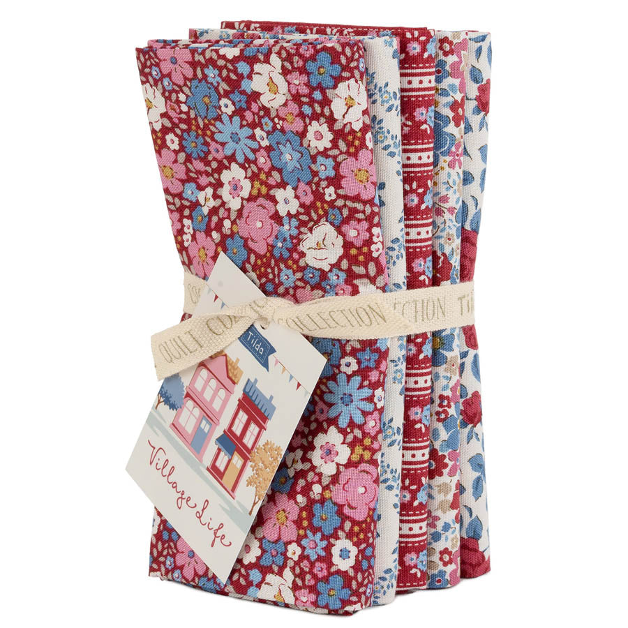 Tilda Village Life -  5pc Fat Quarter Bundle - Burgundy