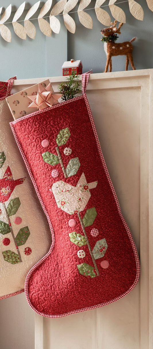 Tilda Winter Birds Christmas Stocking - BURGUNDY
